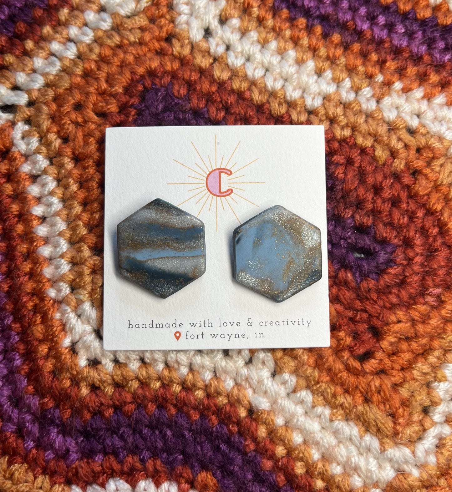 Teal Swirl Hexagon Stud Earrings