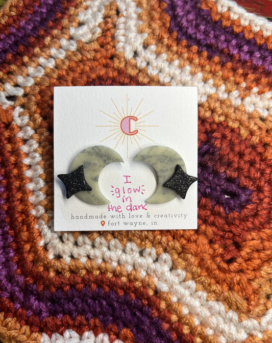 Glow in the Dark Crescent Moon & Star Earrings