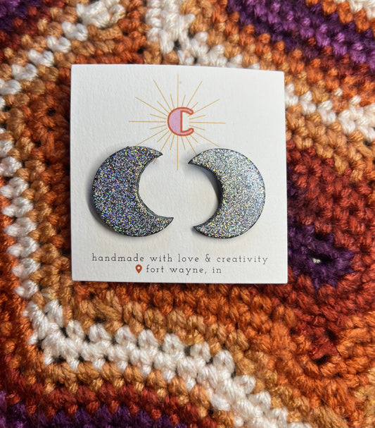 Holographic Glitter Moon Earrings