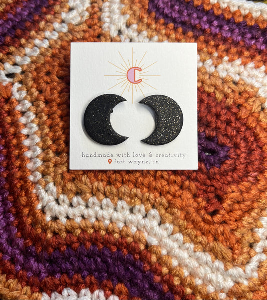 Black Glitter Moon Earrings