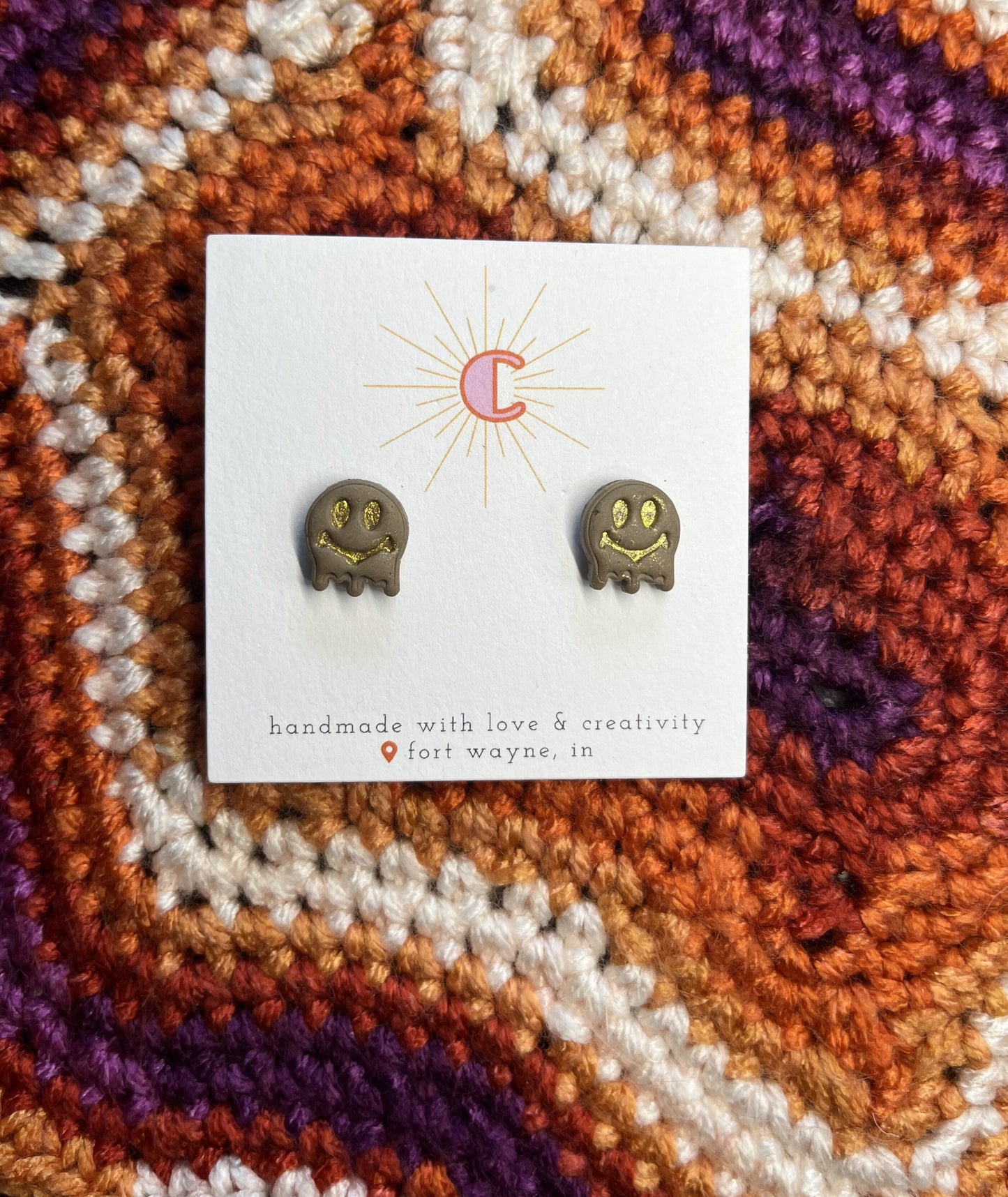 Melting Smiley Earrings - Tan & Gold
